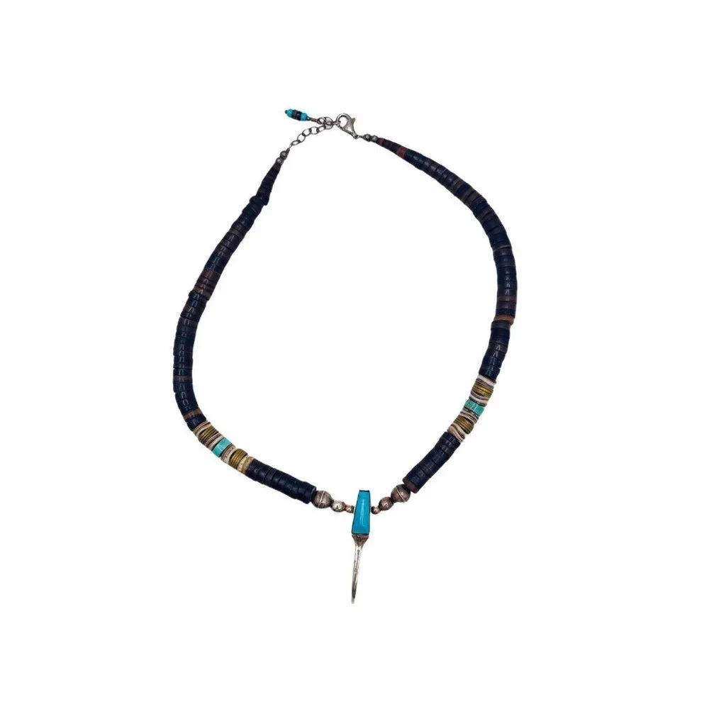 Vintage Navajo Handmade Silver Turquoise Pipestone Beaded Necklace Claw Pendant - Picture 3 of 13